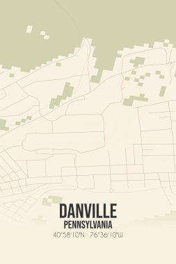 Danville 'in klasik duvar sanat haritası, Montour, Pennsylvania, ABD' de. Ormanlar, yollar, şehirler, göller ve nehirlerle ilgili hava planı.