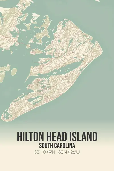 Hilton Head Adası 'nın klasik duvar haritası, Beaufort, Güney Carolina, ABD' de. Ormanlar, yollar, şehirler, göller ve nehirlerle ilgili hava planı.
