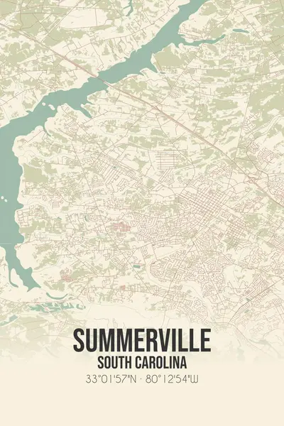Summerville 'in klasik duvar haritası. Dorchester, Güney Carolina, ABD' de. Ormanlar, yollar, şehirler, göller ve nehirlerle ilgili hava planı.