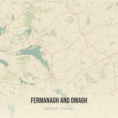 Vintage wall art map of Fermanagh and Omagh, located in the United Kingdom. Aerial plan with forests, roads, cities, lakes and rivers. clipart