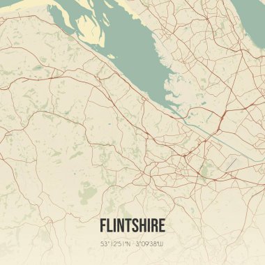 Vintage wall art map of Flintshire, located in the United Kingdom. Aerial plan with forests, roads, cities, lakes and rivers. clipart