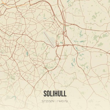 Vintage wall art map of Solihull, located in the United Kingdom. Aerial plan with forests, roads, cities, lakes and rivers. clipart