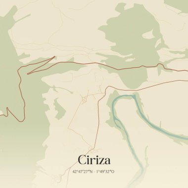 Vintage wall art map of Ciriza, located in Comunidad Foral de Navarra, Spain. Aerial plan with forests, roads, cities, lakes and rivers.