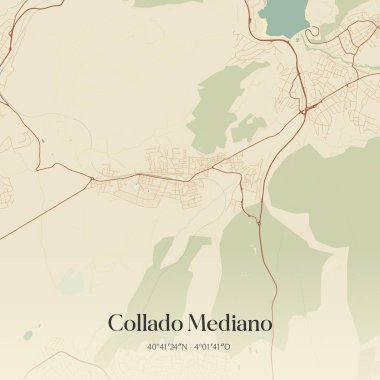 Comunidad de Madrid, İspanya 'da bulunan Collado Mediano' nun klasik duvar sanat haritası. Ormanlar, yollar, şehirler, göller ve nehirlerle ilgili hava planı.