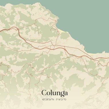 İspanya 'nın Principado de Asturias şehrinde bulunan Colunga' nın klasik duvar sanat haritası. Ormanlar, yollar, şehirler, göller ve nehirlerle ilgili hava planı.