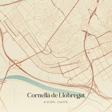 Cornella de Llobregat 'ın klasik duvar haritası, Cataluna, İspanya' da. Ormanlar, yollar, şehirler, göller ve nehirlerle ilgili hava planı.