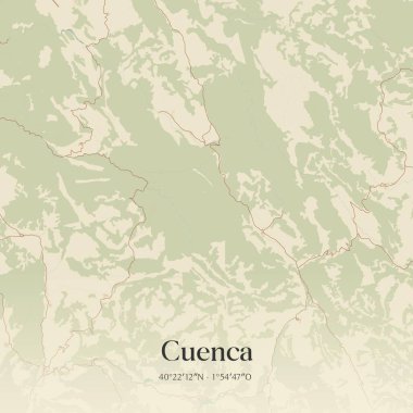 İspanya 'nın Castilla-La Mancha kentinde bulunan Cuenca' nın klasik duvar sanat haritası. Ormanlar, yollar, şehirler, göller ve nehirlerle ilgili hava planı.