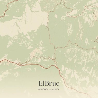 El Bruc 'ün klasik duvar haritası, Kataluna, İspanya' da. Ormanlar, yollar, şehirler, göller ve nehirlerle ilgili hava planı.
