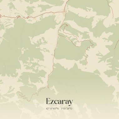 Ezcaray 'ın klasik duvar haritası, La Rioja, İspanya' da. Ormanlar, yollar, şehirler, göller ve nehirlerle ilgili hava planı.