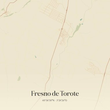 Vintage wall art map of Fresno de Torote, located in Comunidad de Madrid, Spain. Aerial plan with forests, roads, cities, lakes and rivers. clipart