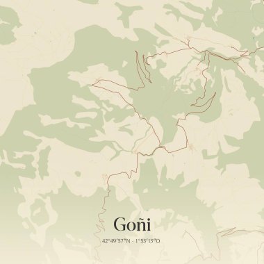 Vintage wall art map of Goni, located in Comunidad Foral de Navarra, Spain. Aerial plan with forests, roads, cities, lakes and rivers.