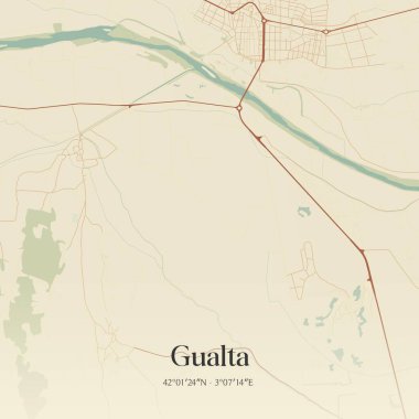 Gualta 'nın klasik duvar haritası, Cataluna, İspanya' da. Ormanlar, yollar, şehirler, göller ve nehirlerle ilgili hava planı.