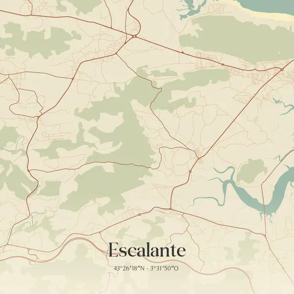 Escalante 'nin klasik duvar haritası, Cantabria, İspanya' da. Ormanlar, yollar, şehirler, göller ve nehirlerle ilgili hava planı.