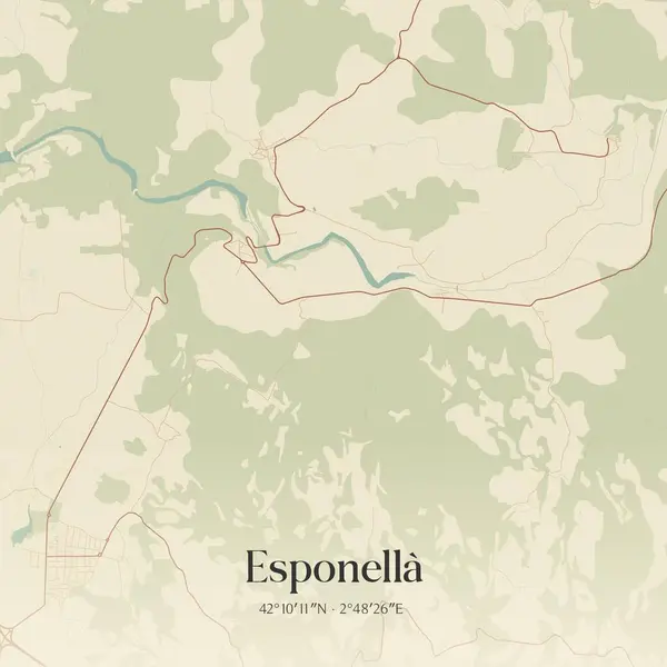 Esponella 'nın klasik duvar haritası, Kataluna, İspanya' da. Ormanlar, yollar, şehirler, göller ve nehirlerle ilgili hava planı.