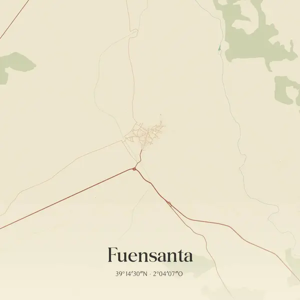 İspanya, Castilla-La Mancha 'da bulunan Fuensanta' nın klasik duvar sanat haritası. Ormanlar, yollar, şehirler, göller ve nehirlerle ilgili hava planı.