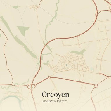 Vintage wall art map of Orcoyen, located in Comunidad Foral de Navarra, Spain. Aerial plan with forests, roads, cities, lakes and rivers.