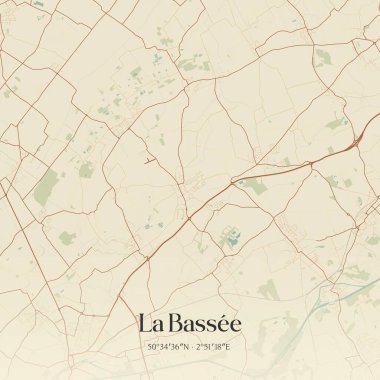 La Bassee 'nin klasik duvar sanat haritası, Lille, Hauts-de-France, Fransa' da. Ormanlar, yollar, şehirler, göller ve nehirlerle ilgili hava planı.