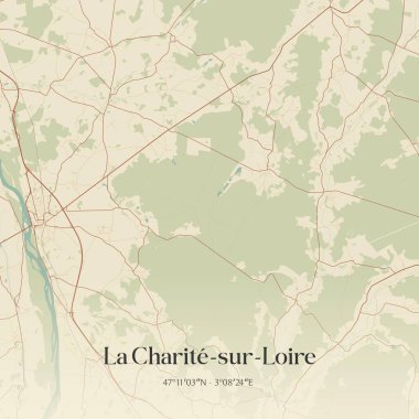 Vintage wall art map of la charite-sur-loire, located in Cosne-Cours-sur-Loire, Bourgogne-Franche-Comte, France. Aerial plan with forests, roads, cities, lakes and rivers. clipart