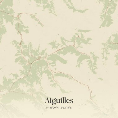 Briancon, Provence-Alpes-Cote d 'Azur, Fransa' da bulunan aiguilles 'in klasik duvar sanat haritası. Ormanlar, yollar, şehirler, göller ve nehirlerle ilgili hava planı.