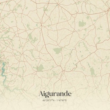 La Chatre, Centre-Val de Loire, Fransa 'daki Aigurande' nin klasik duvar sanat haritası. Ormanlar, yollar, şehirler, göller ve nehirlerle ilgili hava planı.