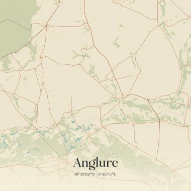 Epernay, Grand Est, Fransa 'daki Anglure' un klasik duvar sanat haritası. Ormanlar, yollar, şehirler, göller ve nehirlerle ilgili hava planı.