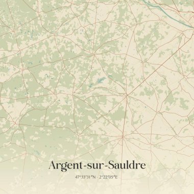 Vintage wall art map of argent-sur-sauldre, located in Vierzon, Centre-Val de Loire, France. Aerial plan with forests, roads, cities, lakes and rivers. clipart