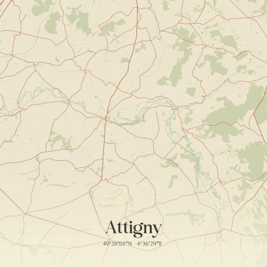 Vouziers, Grand Est, Fransa 'daki attigny' nin klasik duvar sanat haritası. Ormanlar, yollar, şehirler, göller ve nehirlerle ilgili hava planı.