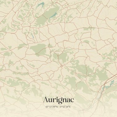 Vintage wall art map of aurignac, located in Saint-Gaudens, Occitanie, France. Aerial plan with forests, roads, cities, lakes and rivers. clipart