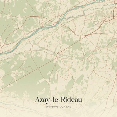 Fransa 'nın başkenti Chinon' da bulunan Azay-le-rideau 'nun klasik duvar sanat haritası. Ormanlar, yollar, şehirler, göller ve nehirlerle ilgili hava planı.