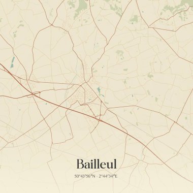 Bailleul 'un klasik duvar sanat haritası Dunkerque, Hauts-de-France, Fransa' da. Ormanlar, yollar, şehirler, göller ve nehirlerle ilgili hava planı.