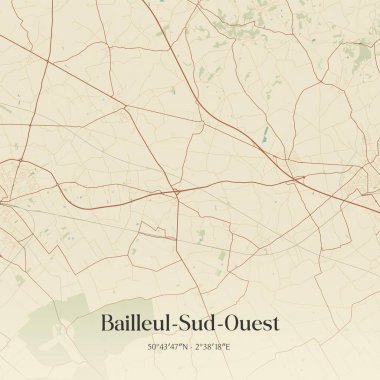 Dunkerque, Hauts-de-France, Fransa 'da bulunan Bailleul-Sud-ouest' in klasik duvar sanat haritası. Ormanlar, yollar, şehirler, göller ve nehirlerle ilgili hava planı.