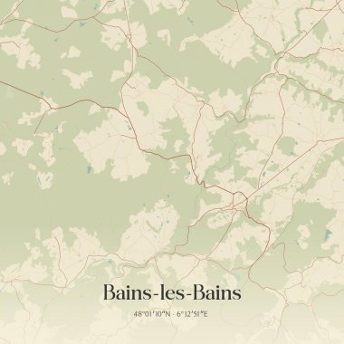 Vintage wall art map of bains-les-bains, located in Epinal, Grand Est, France. Aerial plan with forests, roads, cities, lakes and rivers. clipart