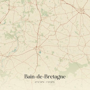 Bain-de-bretagne 'in klasik duvar sanat haritası, Redon, Bretagne, Fransa' da. Ormanlar, yollar, şehirler, göller ve nehirlerle ilgili hava planı.