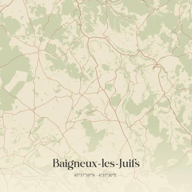 Montbard, Bourgogne-Franche-Comte, Fransa 'da bulunan Baigneux-les-juifs' in klasik duvar sanat haritası. Ormanlar, yollar, şehirler, göller ve nehirlerle ilgili hava planı.