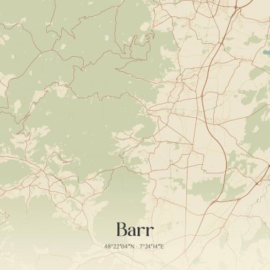 Barr 'ın klasik duvar sanat haritası, Selestat-Erstein, Grand Est, Fransa' da. Ormanlar, yollar, şehirler, göller ve nehirlerle ilgili hava planı.