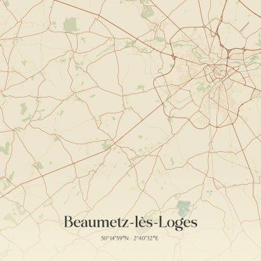 Arras, Hauts-de-France, Fransa 'da bulunan Beaumetz-les-loges' in klasik duvar sanat haritası. Ormanlar, yollar, şehirler, göller ve nehirlerle ilgili hava planı.