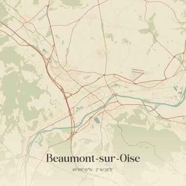 Vintage wall art map of beaumont-sur-oise, located in Pontoise, Ile-de-France, France. Aerial plan with forests, roads, cities, lakes and rivers. clipart