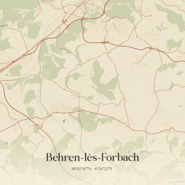Forbach, Grand Est, Fransa 'da bulunan Behren-les-forbach' ın klasik duvar sanat haritası. Ormanlar, yollar, şehirler, göller ve nehirlerle ilgili hava planı.