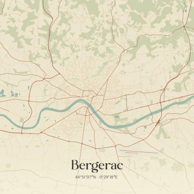 Bergerac 'ın klasik duvar sanat haritası, Bergerac, Yeni Aquitaine, Fransa' da. Ormanlar, yollar, şehirler, göller ve nehirlerle ilgili hava planı.