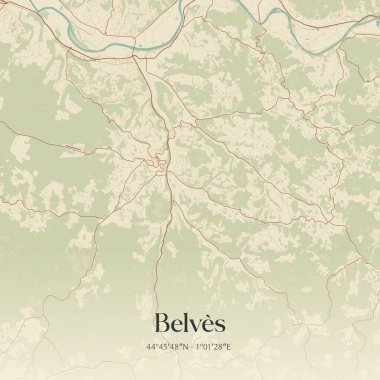 Belves 'in klasik duvar sanat haritası, Sarlat-la-Caneda, Yeni Aquitaine, Fransa' da. Ormanlar, yollar, şehirler, göller ve nehirlerle ilgili hava planı.