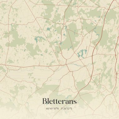 Lons-le-Saunier, Bourgogne-Franche-Comte, Fransa 'daki Bletteranların klasik duvar sanat haritası. Ormanlar, yollar, şehirler, göller ve nehirlerle ilgili hava planı.