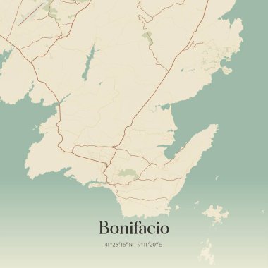 Bonifacio 'nun klasik duvar sanat haritası, Sartene, Corse, Fransa' da. Ormanlar, yollar, şehirler, göller ve nehirlerle ilgili hava planı.