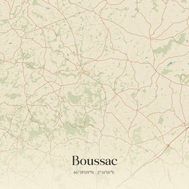 Boussac 'ın klasik duvar sanat haritası, Gueret, Yeni Aquitaine, Fransa' da. Ormanlar, yollar, şehirler, göller ve nehirlerle ilgili hava planı.