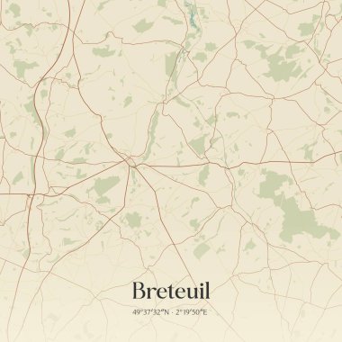 Breteuil 'in klasik duvar sanat haritası Clermont, Hauts-de-France, Fransa' da bulunuyor. Ormanlar, yollar, şehirler, göller ve nehirlerle ilgili hava planı.