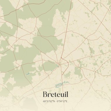 Breteuil 'in klasik duvar sanat haritası, Evreux, Normandie, Fransa' da. Ormanlar, yollar, şehirler, göller ve nehirlerle ilgili hava planı.