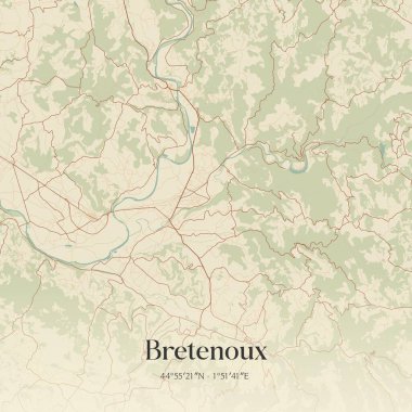 Bretenoux 'un klasik duvar haritası, Figeac, Occitanie, Fransa' da. Ormanlar, yollar, şehirler, göller ve nehirlerle ilgili hava planı.