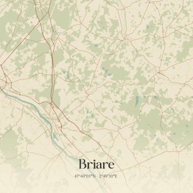 Rüşvetin klasik duvar sanat haritası, Montargis, Centre-Val de Loire, Fransa 'da. Ormanlar, yollar, şehirler, göller ve nehirlerle ilgili hava planı.