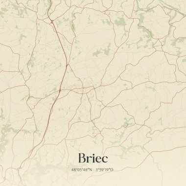 Briec 'in klasik duvar haritası Quimper, Bretagne, Fransa' da. Ormanlar, yollar, şehirler, göller ve nehirlerle ilgili hava planı.