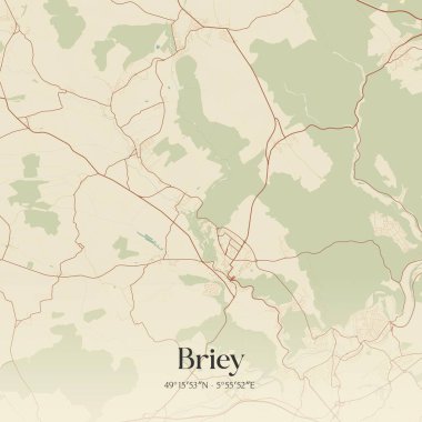 Briey, Grand Est, Fransa 'da bulunan Briey' in klasik duvar sanat haritası. Ormanlar, yollar, şehirler, göller ve nehirlerle ilgili hava planı.