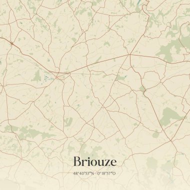 Briouze 'un klasik duvar haritası, Argentan, Normandie, Fransa' da. Ormanlar, yollar, şehirler, göller ve nehirlerle ilgili hava planı.